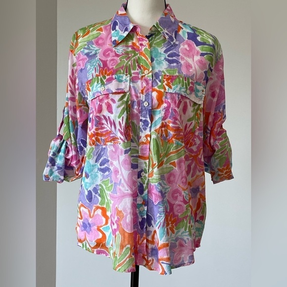 Lauren Ralph Lauren size large buttonup top floral design rolled tabbed sleeves - Picture 3 of 13